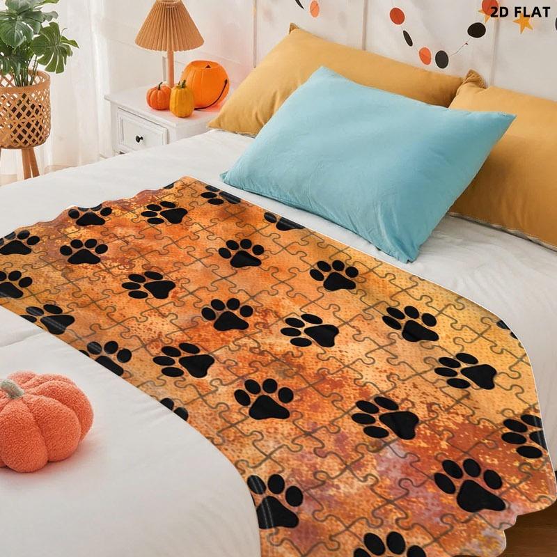 Paw Print Puzzle - Style Throw Blanket, Single - Sided Printed, Multiple Specifications Available, Warm Earthy Gradient Background, Playful Design for Pet Lovers, Ideal for Napping & Home Decor