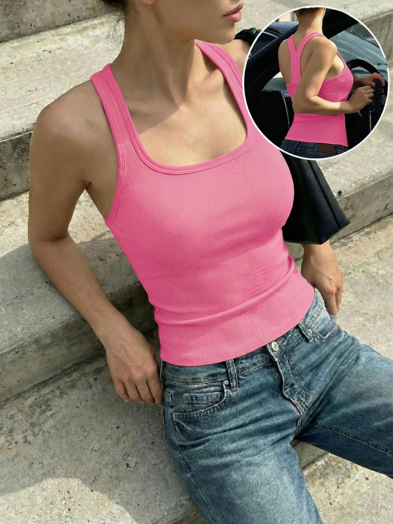 Built-in-Bra Racerback Tank Top for Women - Ribbed Square Neck Camisole, Wireless All-in-One Undershirt, Stretchy Casual Essential