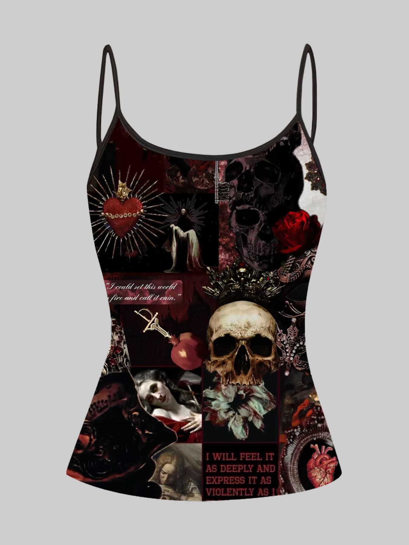Gothic Dark Vampire Skull Print Straps, Summer Home Sleepwear Outer Wear, Unique Slim-Fit Top Set of Four Pieces