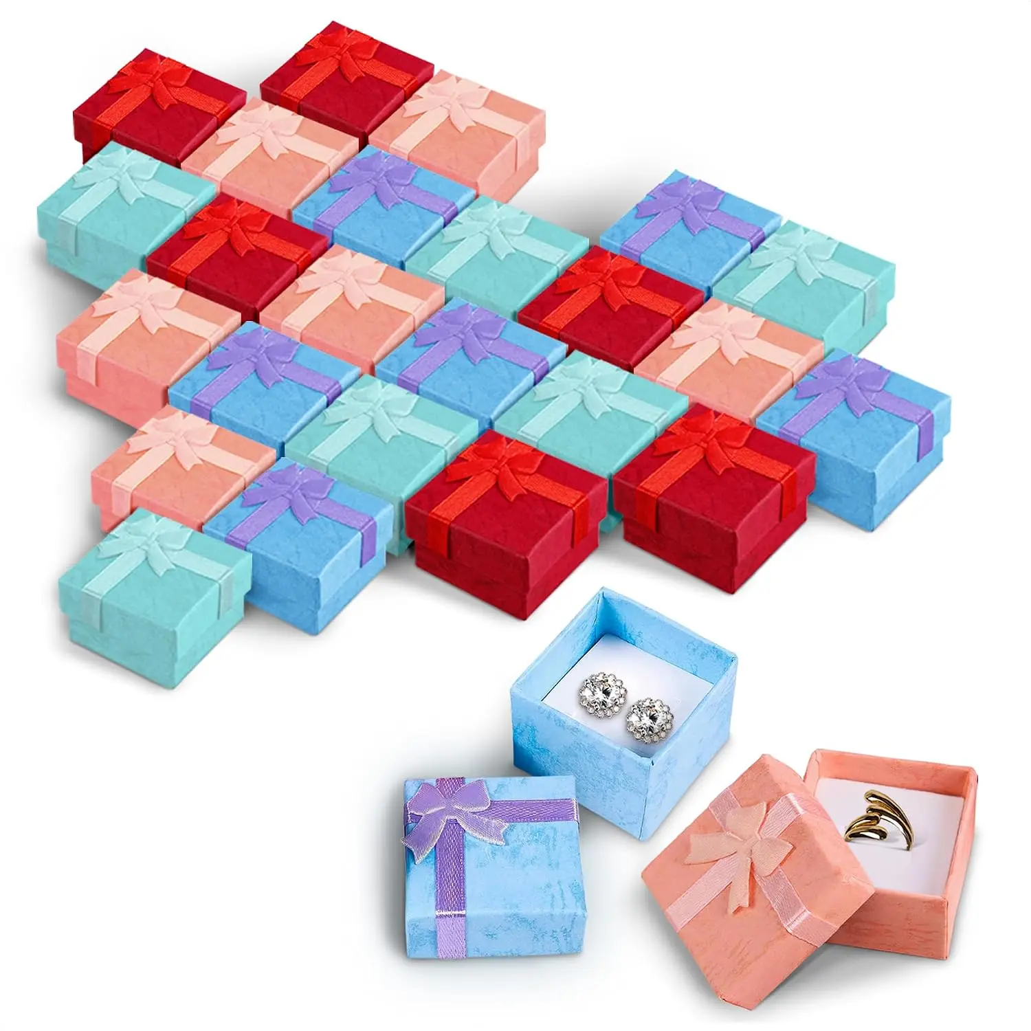 24 count Earring Boxes for  , 1.57 x 1.57” Small  Box | Earring Box Bulk for Studs, Rings, and Pendants; Decorative Ribbon Bow, Removable  Insert, Cardboard Build, 4 Colors