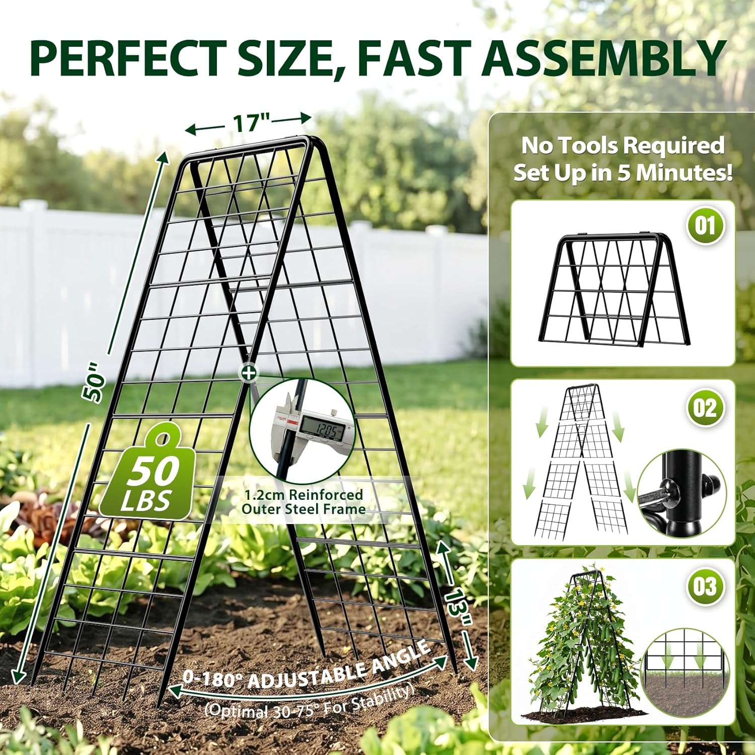 Heavy Duty 50"x17" Adjustable A-Frame Trellis for Climbing Outdoor, Metal Rust-Proof Garden Trellis, Dense Grid Climbing Frame Trellis for Raised Beds, Cucumber, Tomatoes Outdoor (1 Pack) Heavy Duty 50"x17" Adjustable A-Frame Trellis for Climbing Outdoor, Metal Rust-Proof Garden Trellis, Dense Grid Climbing Frame Trellis for Raised Beds, Cucumber, Tomatoes Outdoor (1 Pack)