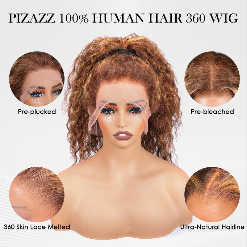 Pizazz Hair 4/27 Highlight Ombre Color 360 Full Lace Frontal Water Wave Glueless Wig With Invisi Drawstring Pre-bleached Knots  Human Hair Wig