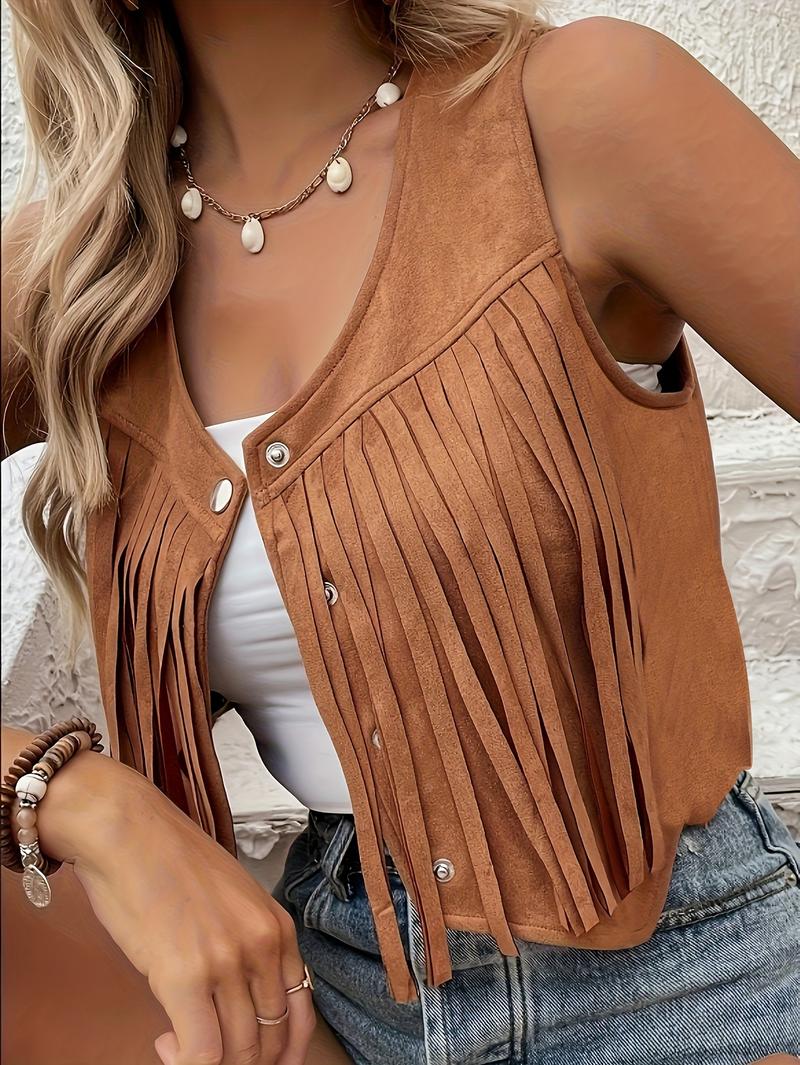 Women's Fringe Detail Denim Vest, Faux Suede Material, Button Front V Neck Sleeveless Top, Casual Spring & Fall Fashion, Casual Sleeveless Outerwear