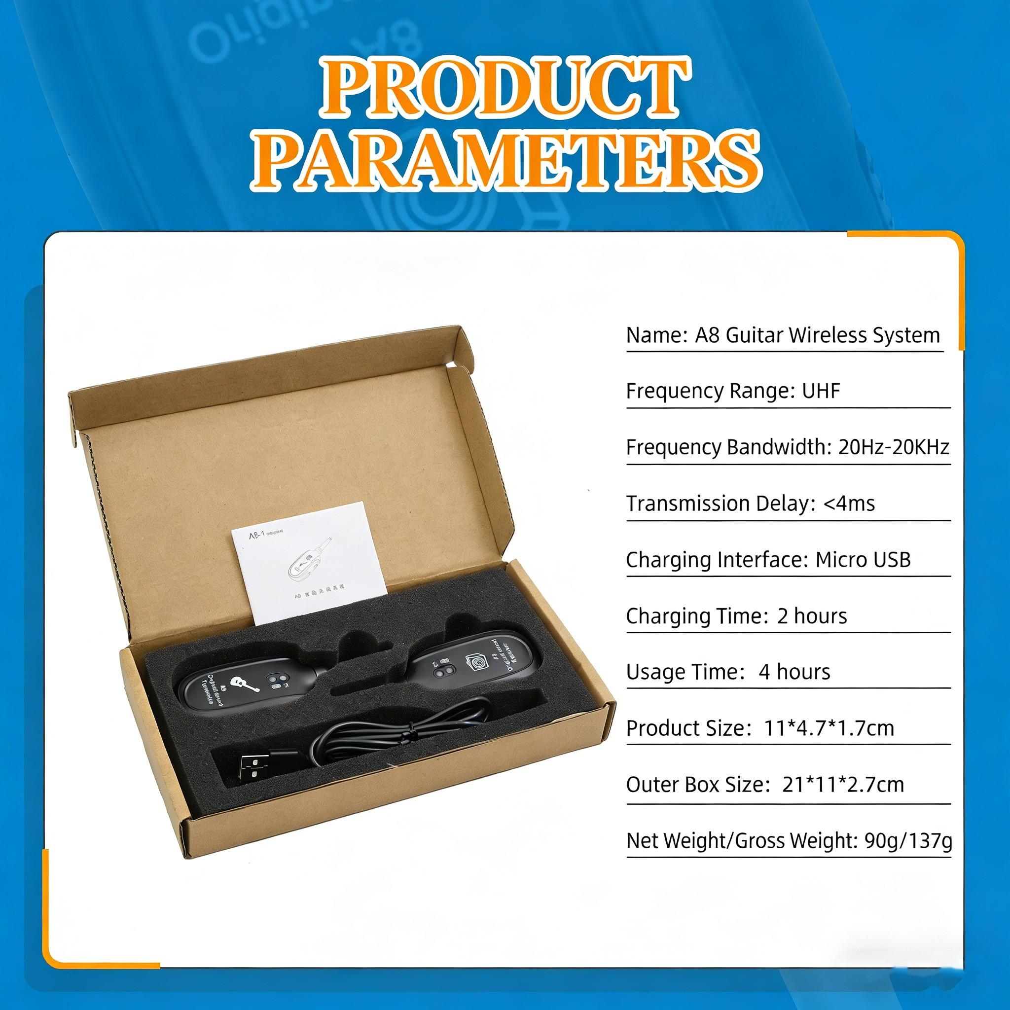 A8 Professional Instrument Wireless Transmitter, Low Latency Uhf Audio System, Ideal for Guitar Bass String Instruments, Studio Stage Perfect Choice