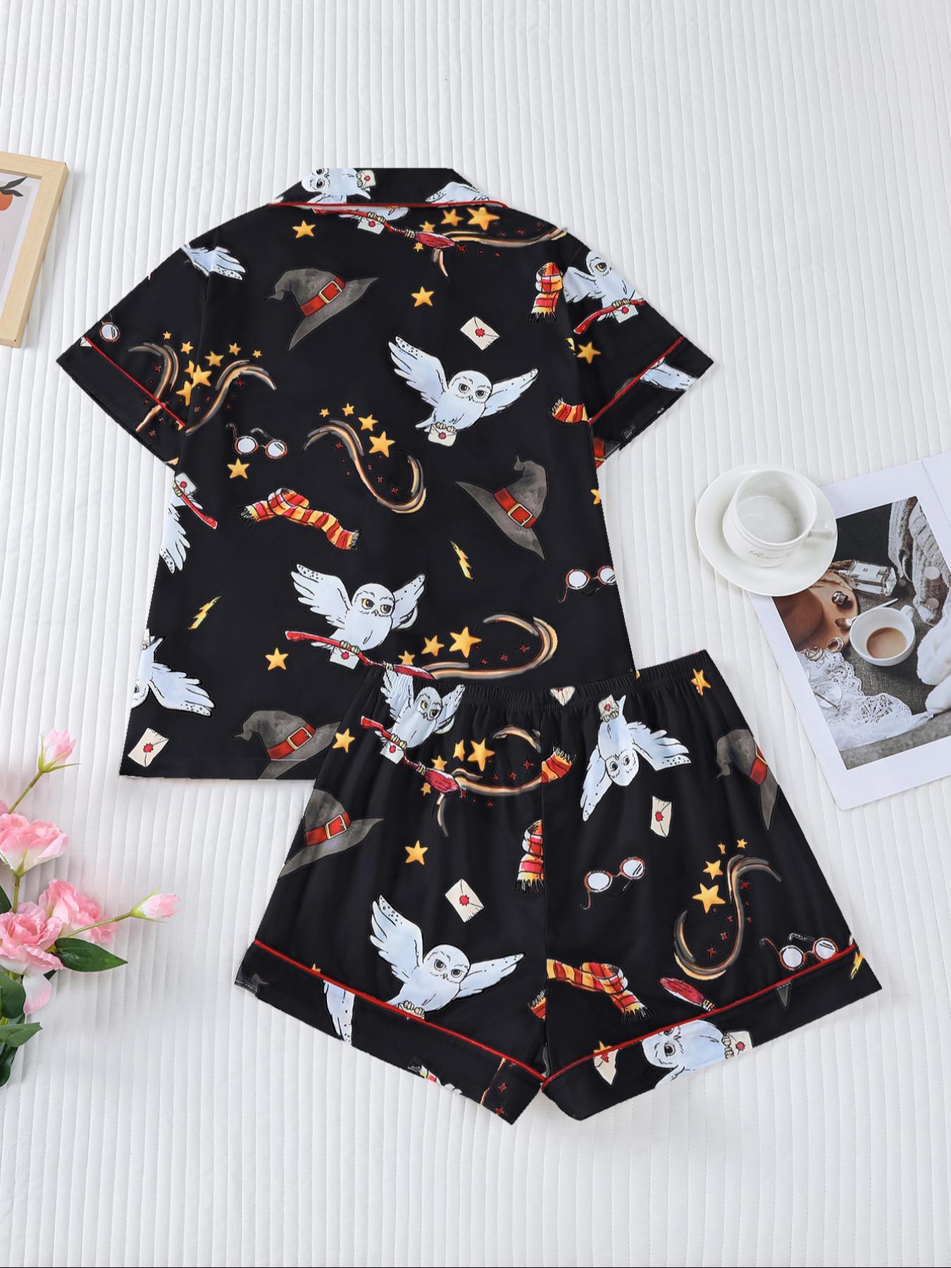 Women's Owl Print Short Sleeve Top & Elastic Waist Shorts Pyjama, Casual Comfy T-shirt & Shorts PJ Set, Ladies Sleepwear for Summer, Loungewear, Pajama Set