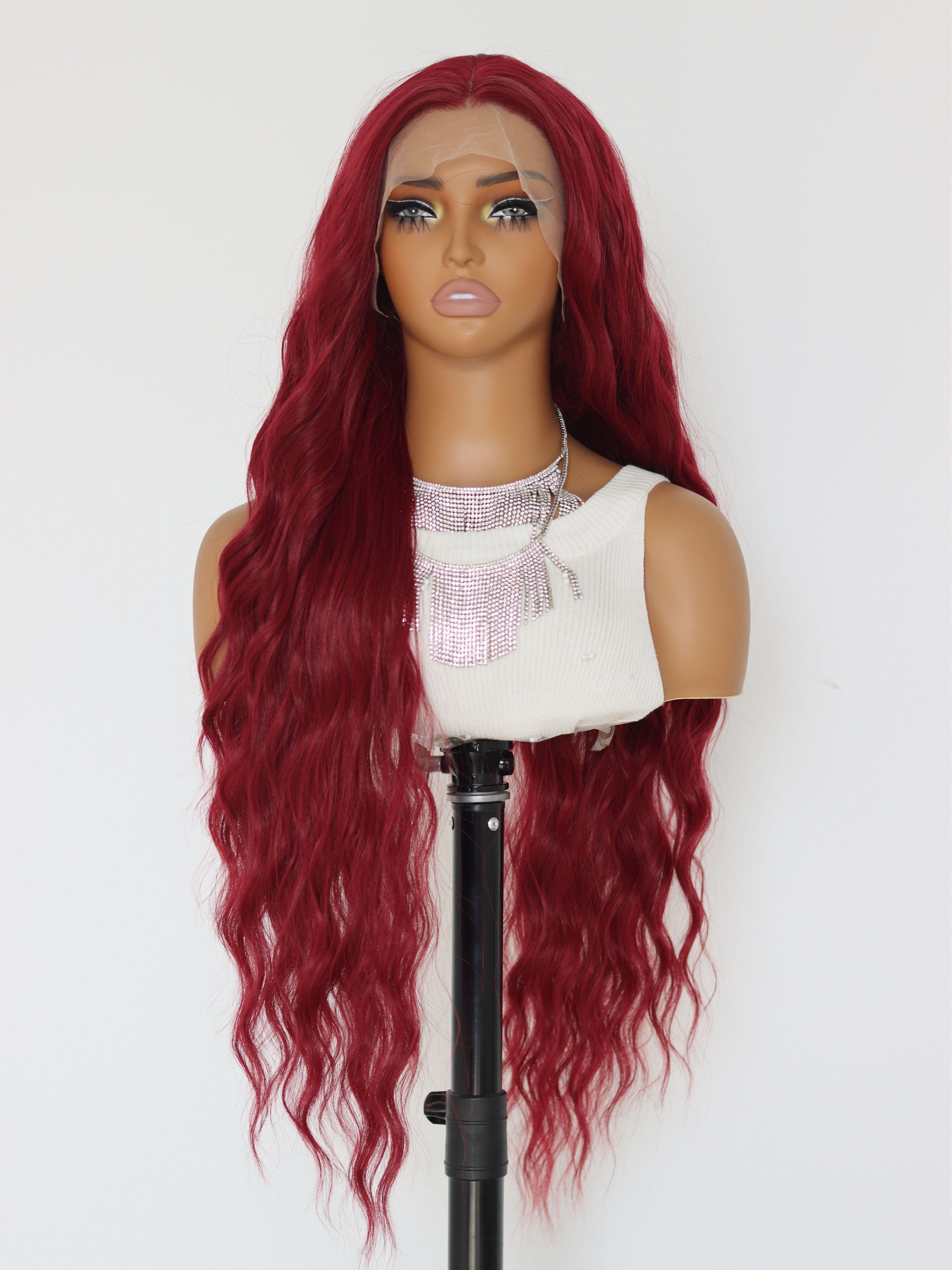 Burgundy Red Synthetic Lace Front Wigs Deep Wave Natural 