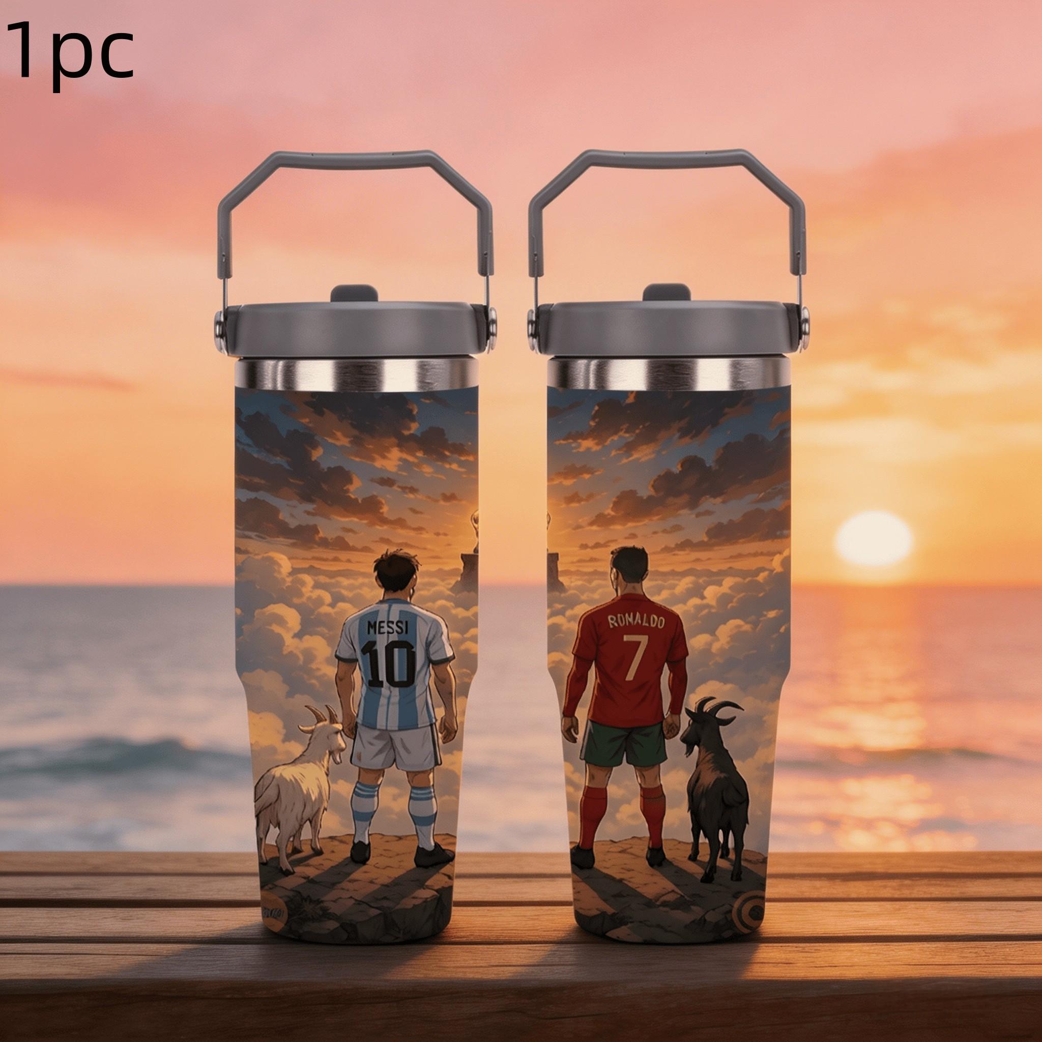 1pc 30oz stainless steel large-capacity car water bottle, featuring Messi and Ronaldo together. for fans of Messi and Ronaldo, football enthusiasts. Multiple patterns are available for selection. Outdoor camping Coffee Cups & Mugs