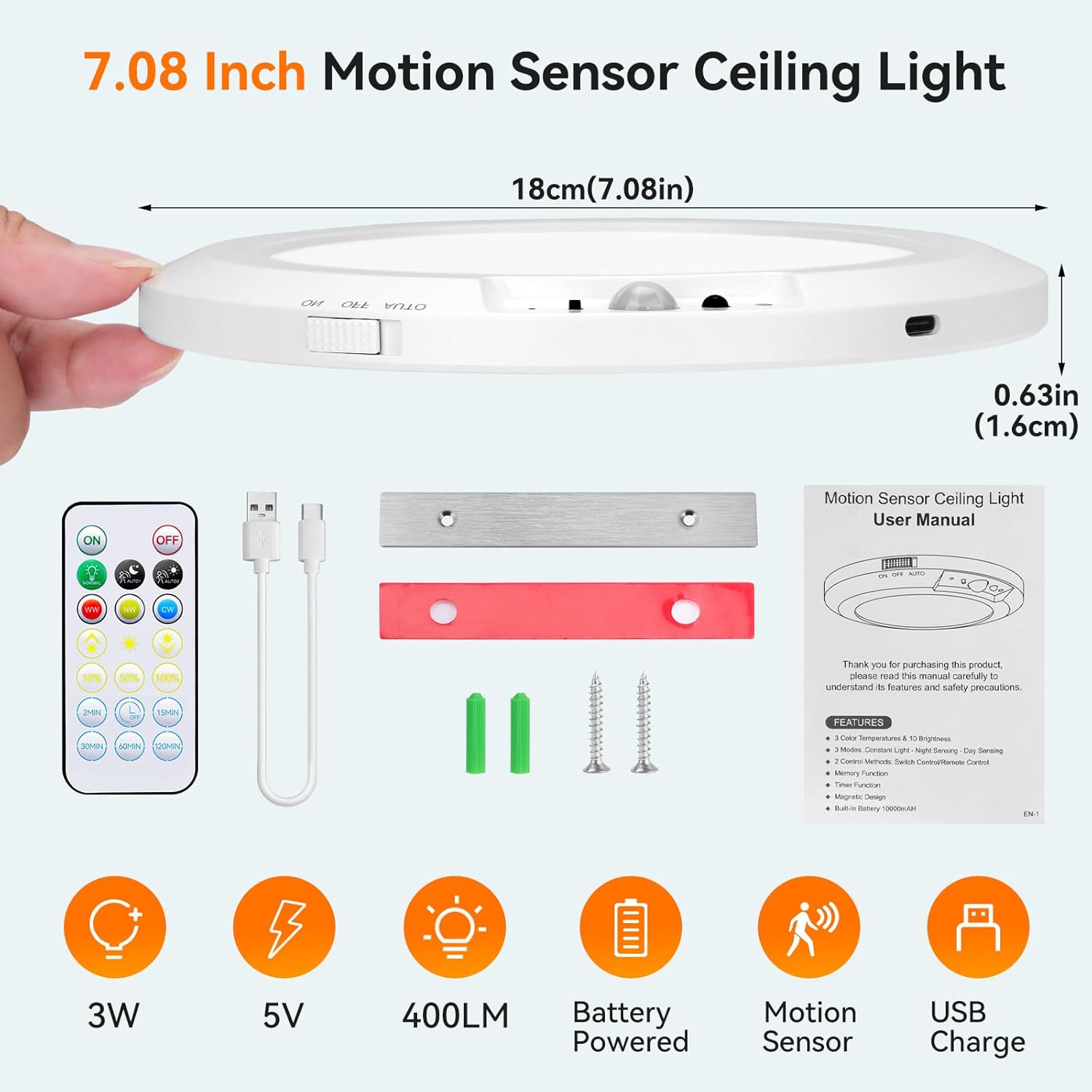 Motion Sensor Ceiling Light with Remote – Indoor Ceiling Lighting Lamp 10000mAh Battery Powered Rechargeable Magnetic LED Light for Closet Shower Stairs Hallway Garage, 3 Color 10 Brightness, No Wiring