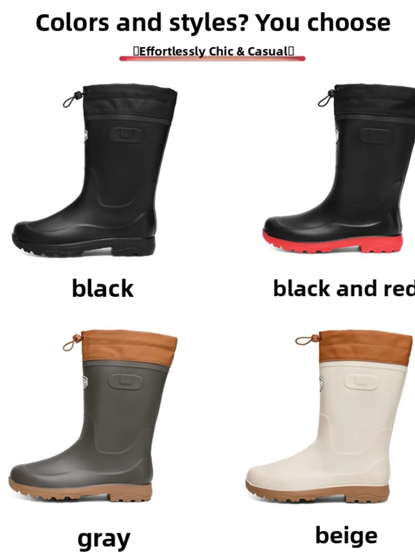 Men's mid-calf waterproof rain boots, drawstring closure to prevent water splashing, rubber boots with non-slip and wear-resistant soles, suitable for outdoor work in rainy and snowy weather, available in multiple colors