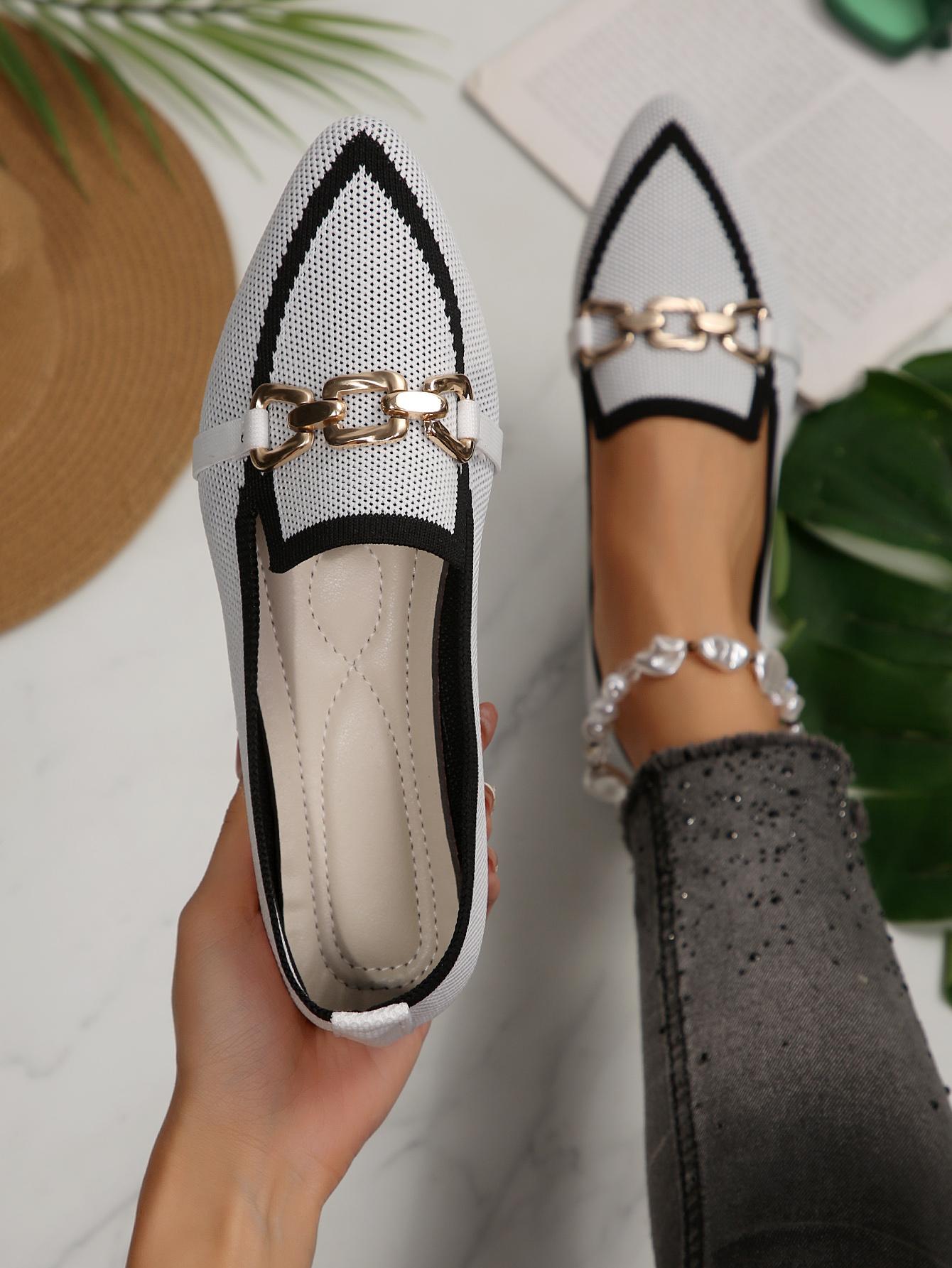 1 Pair Women's  Colorblock Knit Pointed Toe Metal Buckle Flat Loafers, Minimalist Commute Style Breathable Slip-On Shoes, Versatile Elegant Comfortable Professional Footwear for Office Work
