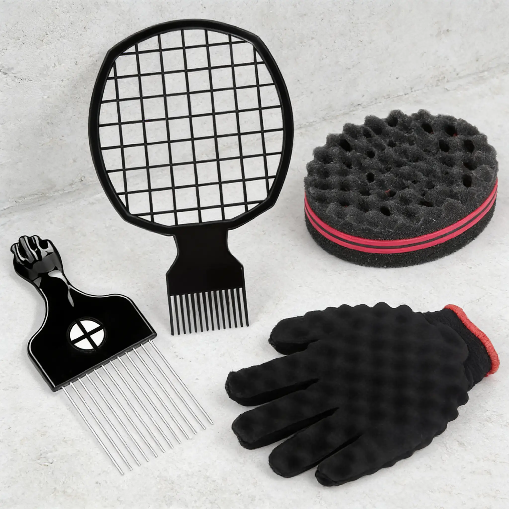 4-Piece Hair Styling Tool Set, Styling Kit, Heatless Styling, Includes Sponge Curl Brush, Perm Grid Comb, Sponge Gloves, Steel Needle Curling Comb, Braiding Tools for Salons
