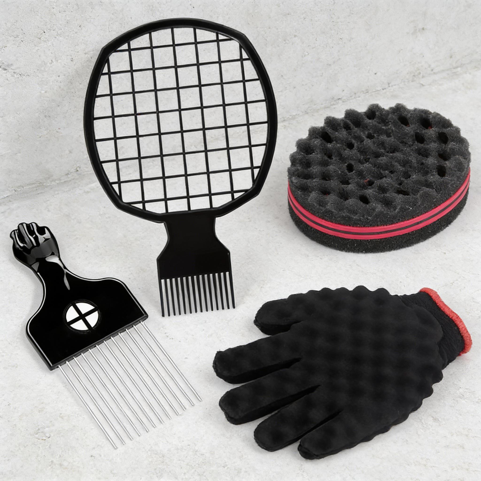 4-Piece Hair Styling Tool Set, Styling Kit, Heatless Styling, Includes Sponge Curl Brush, Perm Grid Comb, Sponge Gloves, Steel Needle Curling Comb, Braiding Tools for Salons