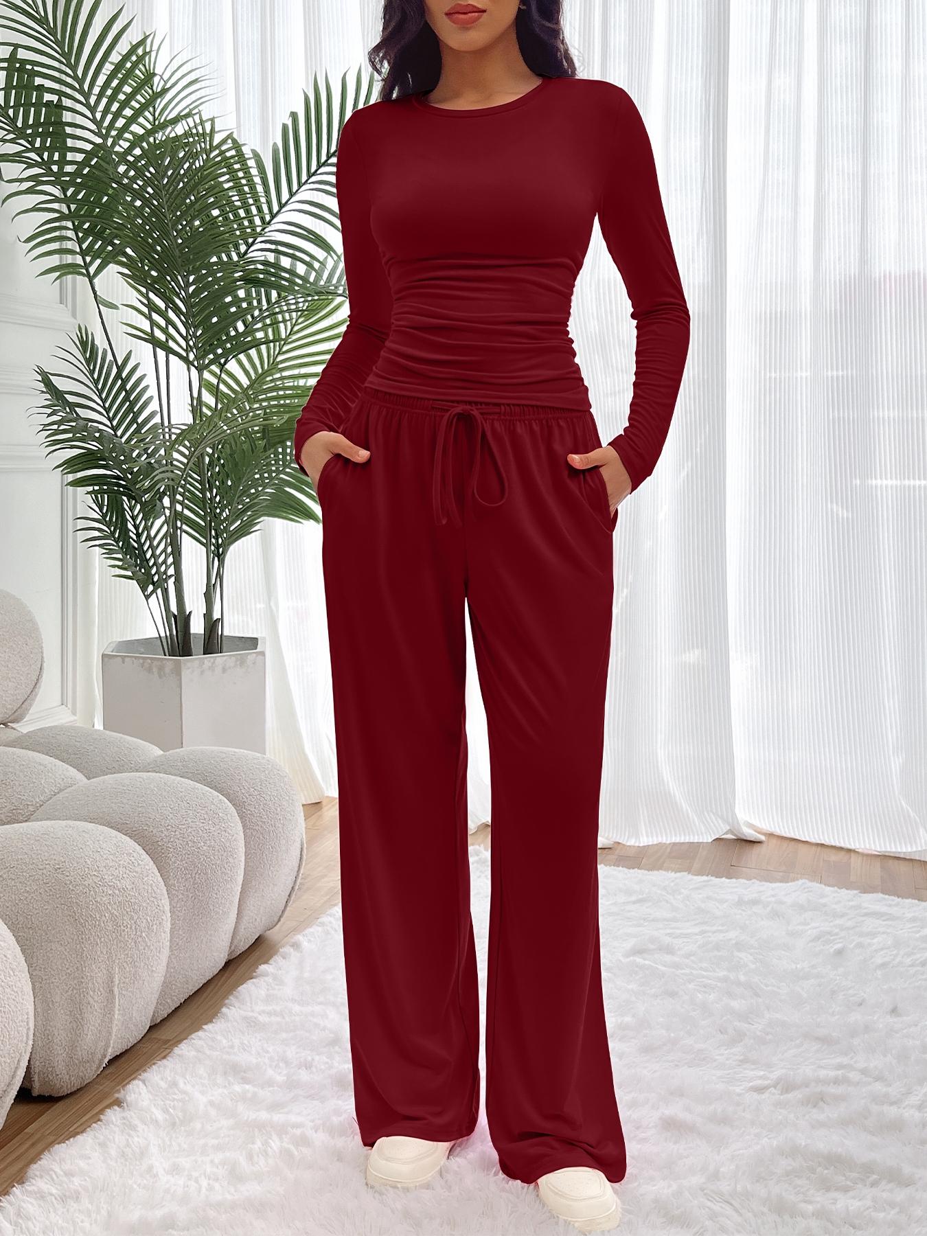 Women's Two-Piece Set, Ruched Tee & Drawstring Pocket Pants, Fitted Design, Organic Textile Material, Ideal for Daily Wear