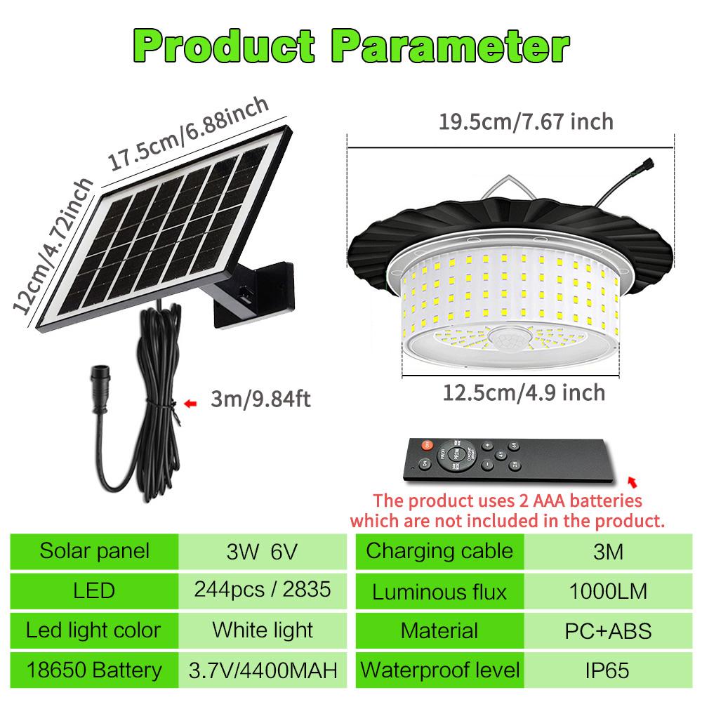 Solar Pendant Light with Motion Sensor, 224 LED Bulbs, 5 Modes Waterproof Floodlight, Remote Control, Outdoor Security Lamp