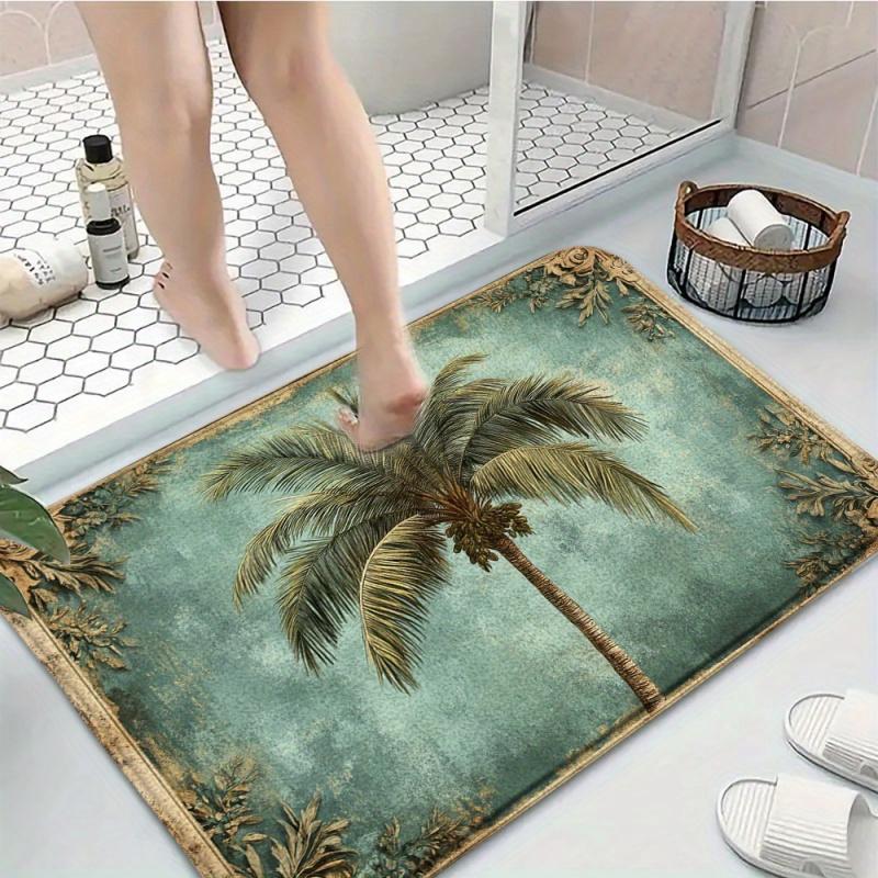 Tropical Retro Palm Tree Bath Mat Teal Background Eco Friendly Skin Friendly Ultra Soft Flannel Floor Rug Premium Non Slip Durable Absorbent Decorative Doormat For Bathroom Bedroom Living Room Kitchen Balcony Entryway Indoor Home Decor set