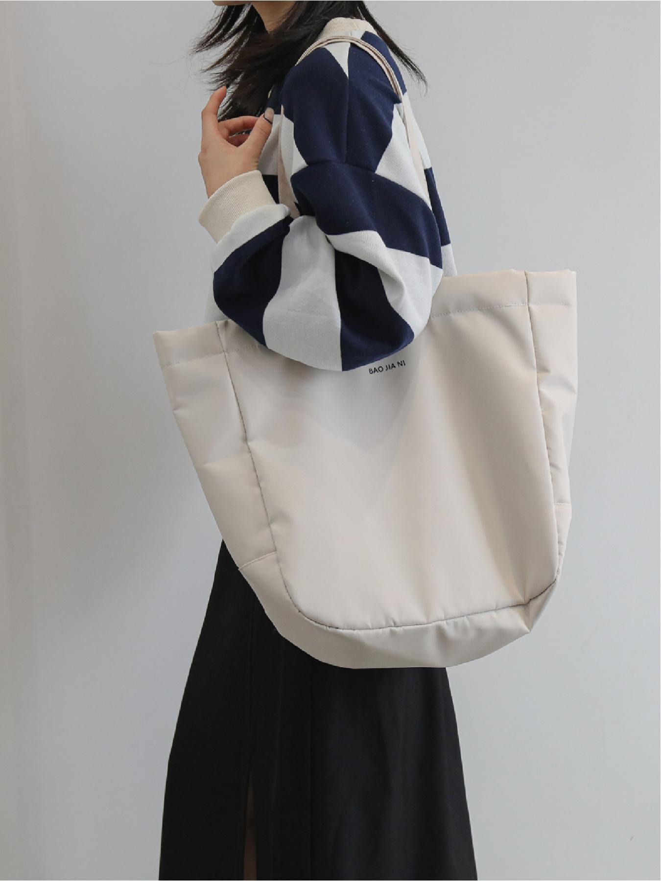 Large capacity drawstring design shoulder bag solid color with letters simple casual tote bag handbag shopping bag travel bag