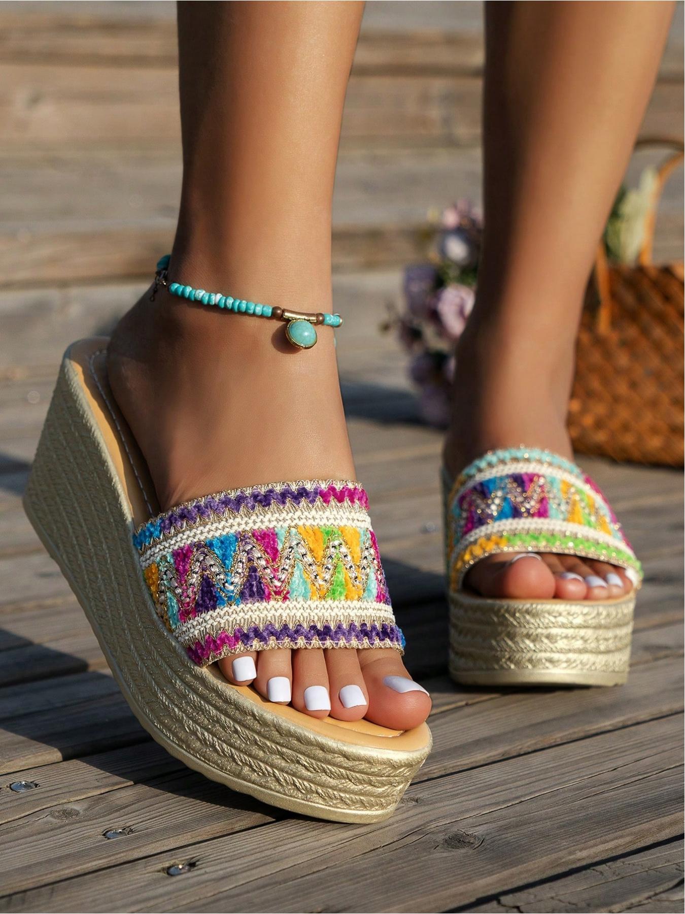 Vintage Bohemian Resort Style Handmade Crochet & Straw Wedge Heels, Breathable, Thick Sole, Anti-Slip, Multiple Sizes & Colors, Perfect for Daily Wear