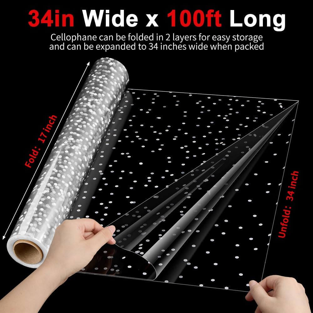 34 In x 100 Ft Mother's Day Clear Cellophane Wrap Roll, Extra Wide, 2.5 Mil Thick Transparent Wrapping Paper with White Dots for Baskets, Flower Bouquets (34" Fold into 17")