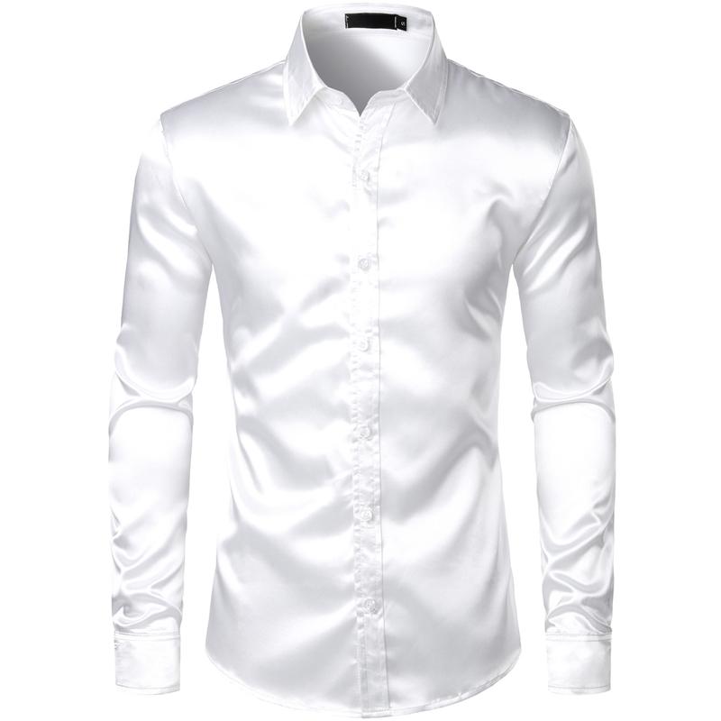ZEROYAA Men's Luxury Shiny Silk Like Satin Button Up Dress Shirts Soft Polyester Fabric 4th of July Shirt for Men Casual Business Wear