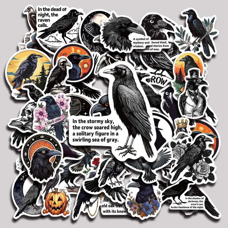 50PCS Black Crow Aesthetic Vinyl Stickers Pack for Laptop Water Bottle Phone Case Skateboard Journal Scrapbook DIY Decoration