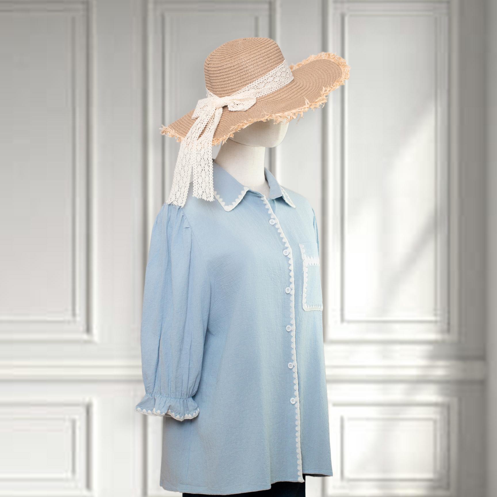 SageVell 100% Cotton 3/4 Puff Sleeve Chambray Shirt - Blue Collared Blouse with White Trim, Cottagecore Essential Top for Women SpringStatements