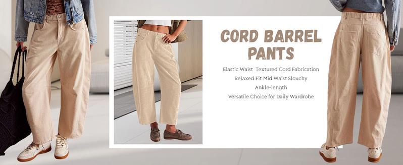 UANEO Women's Corduroy Pants Barrel Mid-Rise Elastic Waist Cord Pants Casual Wide Leg Baggy Trouser with Pockets