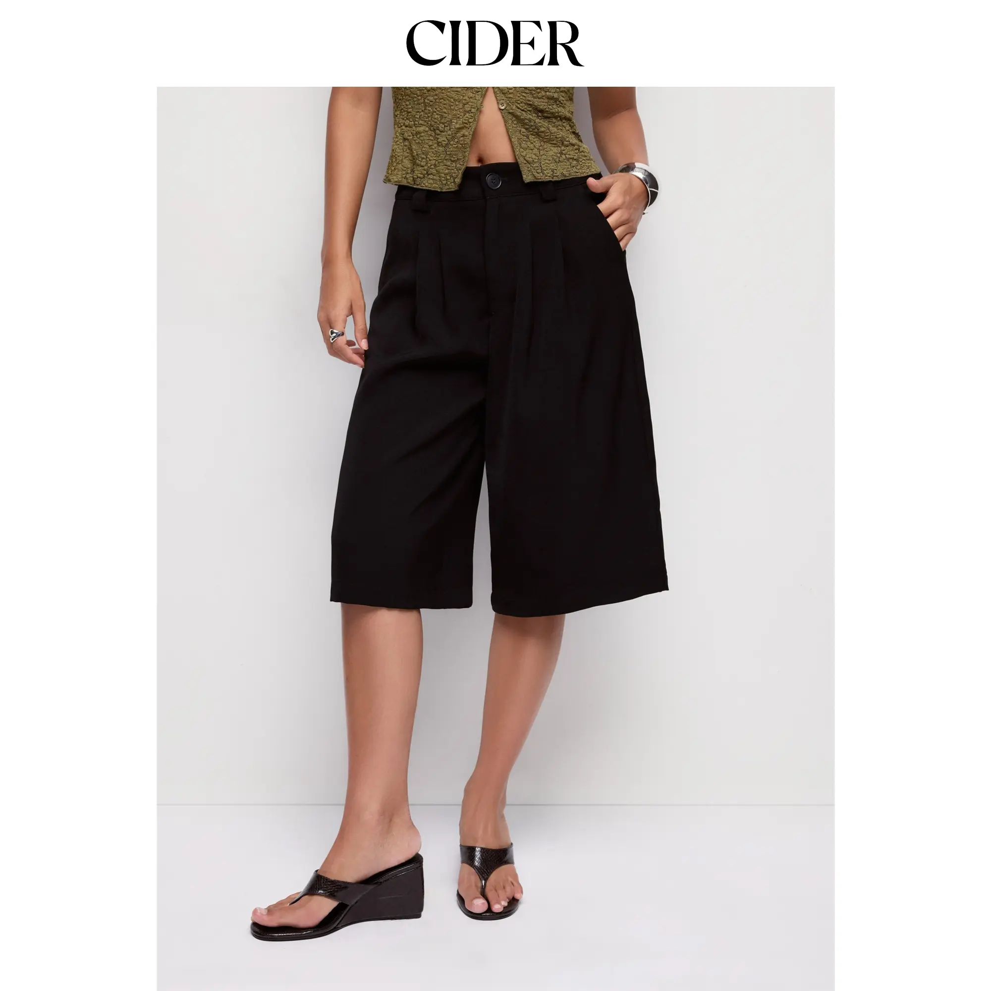 Cider Mid Rise Pleated Wide Leg Bermuda Shorts