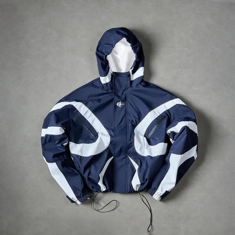 Men's Stylish Futuristic Techwear Hooded Jacket - Long Sleeve, Color Block Design, Trendy Street Outerwear, Adult Outdoor Coat with Zipper Pockets, Drawstring Hem for All-Season