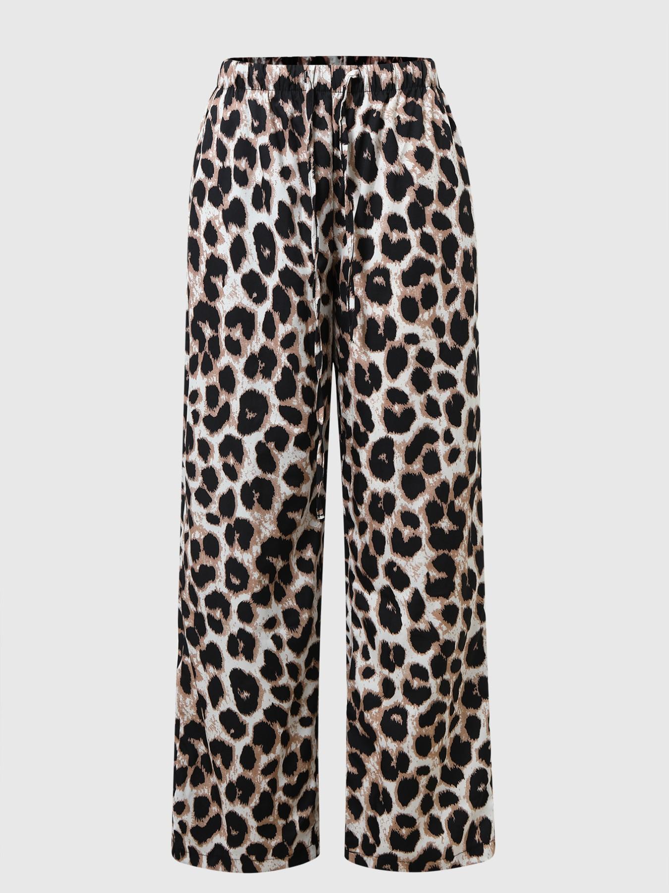 Women's Knit Striped Button Front Split Sleeveless Vest & Leopard Print Drawstring Wide Leg Pants Set, Summer Slim Fit Clothes