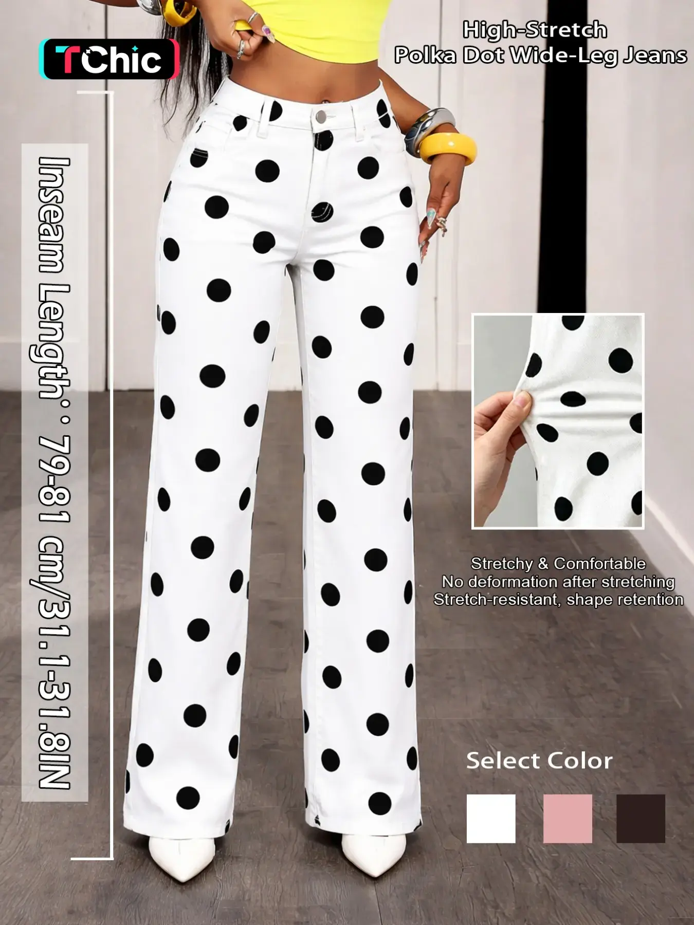 Fashion Women's Polka Dot Long Pants Trouser, High Waist Wide Leg Jeans, Casual Loose Fitted Elastic Fabric, Casual All Season Wear