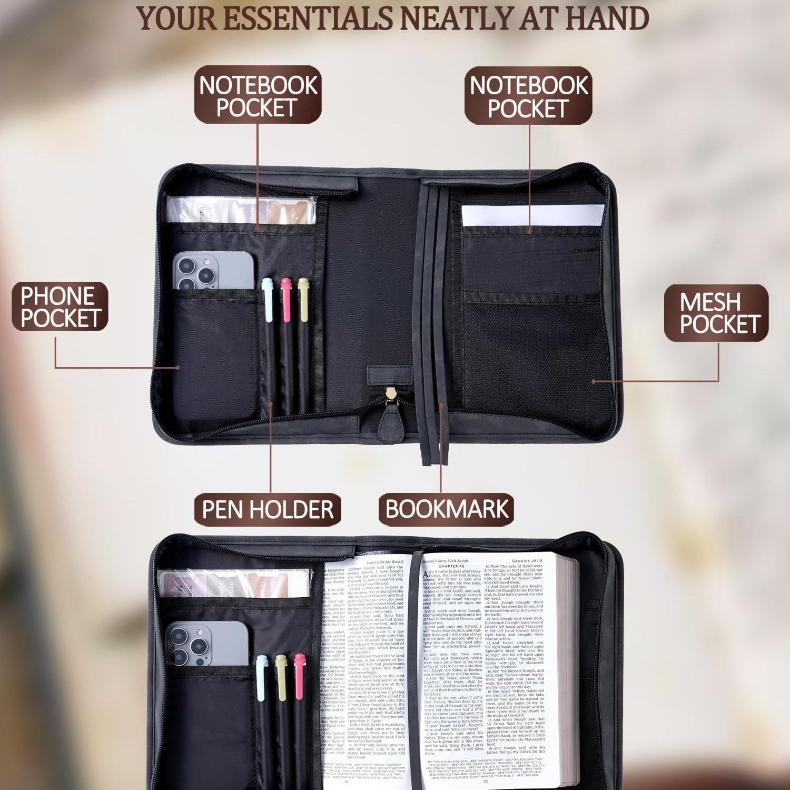 Classic Vegan Leather Bible Cover with Metal Cross Design Handle Zipper Bible Case Organizer Bag Durable Bible Study Supplies Carrying Bag for Men Women Christian Religious Daily Use Black