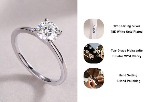 Vows 1/2 Carats Solitaire Synthetic Moissanite Rings for Women 925 Sterling Silver Rings with 18K White Gold Plated Shiny Lab Create Diamond Promise Wedding Rings Birthday Anniversary Party Gifts