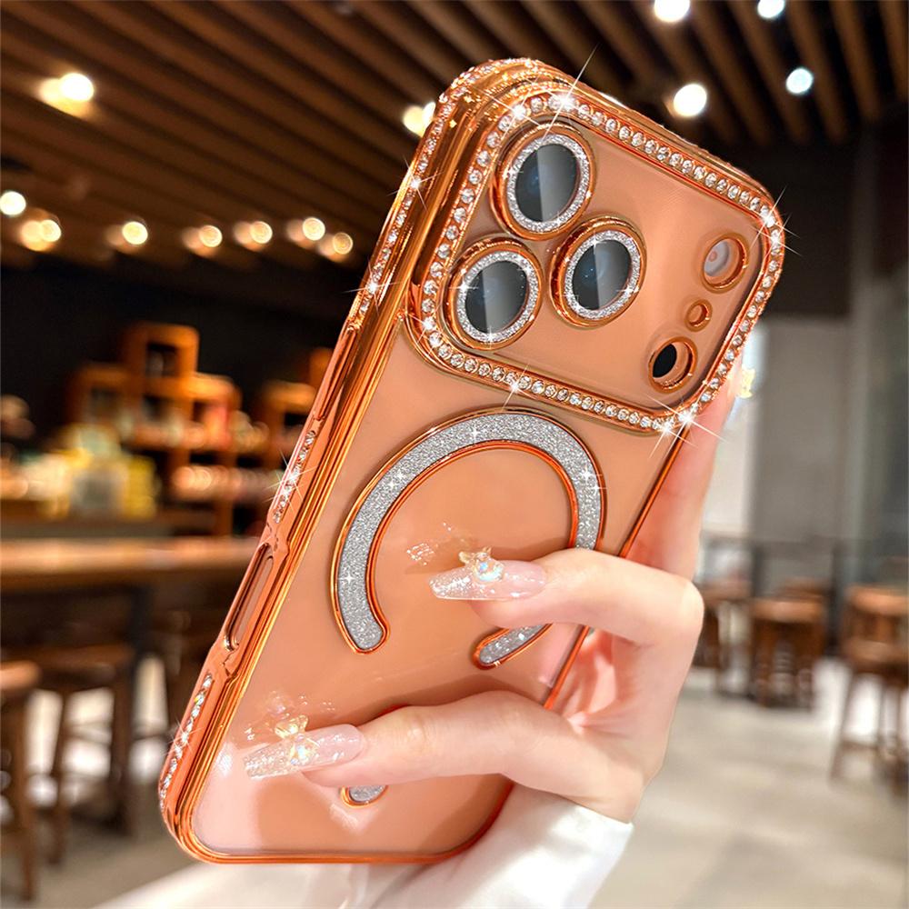 OREKROY【Free.ship】Magnetic Clear Glitter Case for iPhone 17 Pro Max 17Air 17Pro 17, Compatible with MagSafe – Sparkly Bling Diamond Rhinestone Design with Camera Lens Protector, Fits iPhone 13 14 15 16 Pro Max