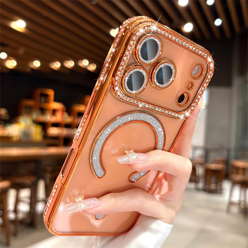 OREKROY【Free.ship】Magnetic Clear Glitter Case for iPhone 17 Pro Max 17Air 17Pro 17, Compatible with MagSafe – Sparkly Bling Diamond Rhinestone Design with Camera Lens Protector, Fits iPhone 13 14 15 16 Pro Max