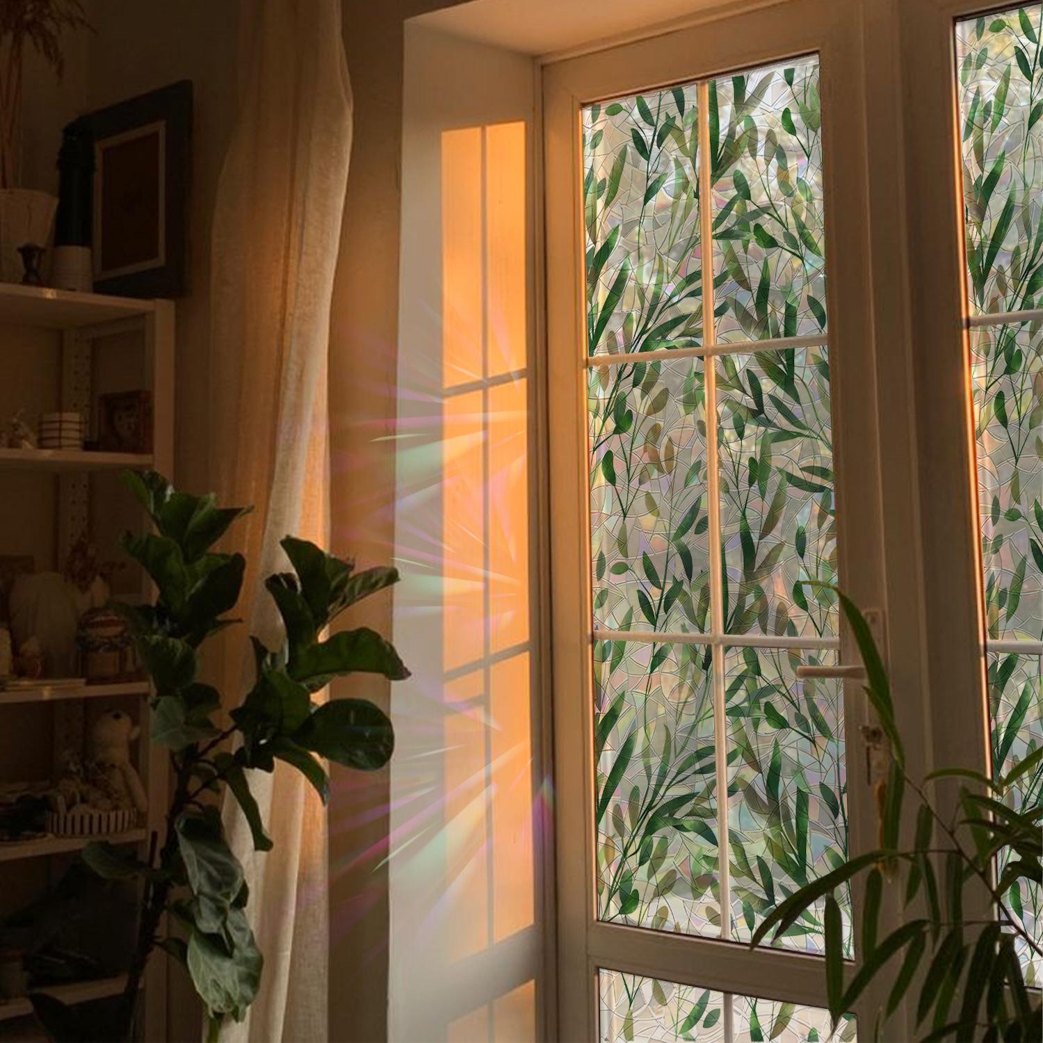 Leaf Laser Window Sticker, Spring Summer Fresh Style Decorative Static Window Sticker, Glue-Free Electrostatic Glass Decoration Film