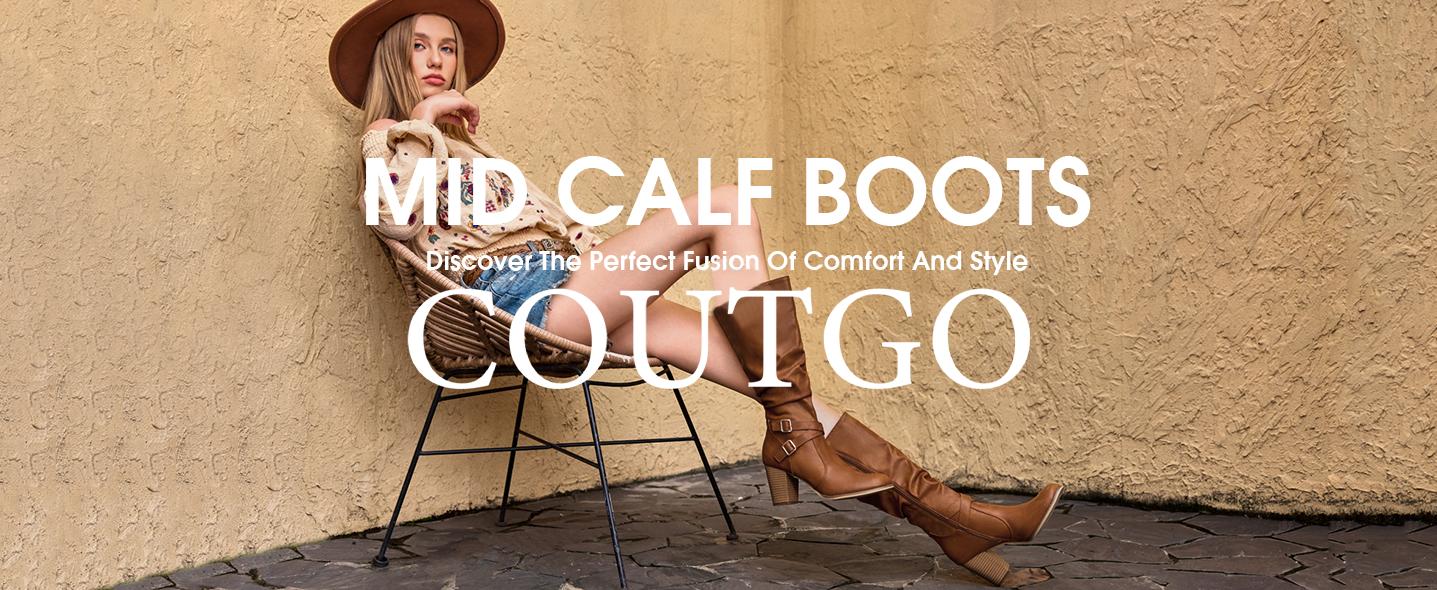 Coutgo Womens Mid Knee High Boots Chunky Heel Slouchy Metal Buckle Side Zipper Fashion Winter Shoes Coutgo Womens Mid Knee High Boots Chunky Heel Slouchy Metal Buckle Side Zipper Fashion Winter Shoes