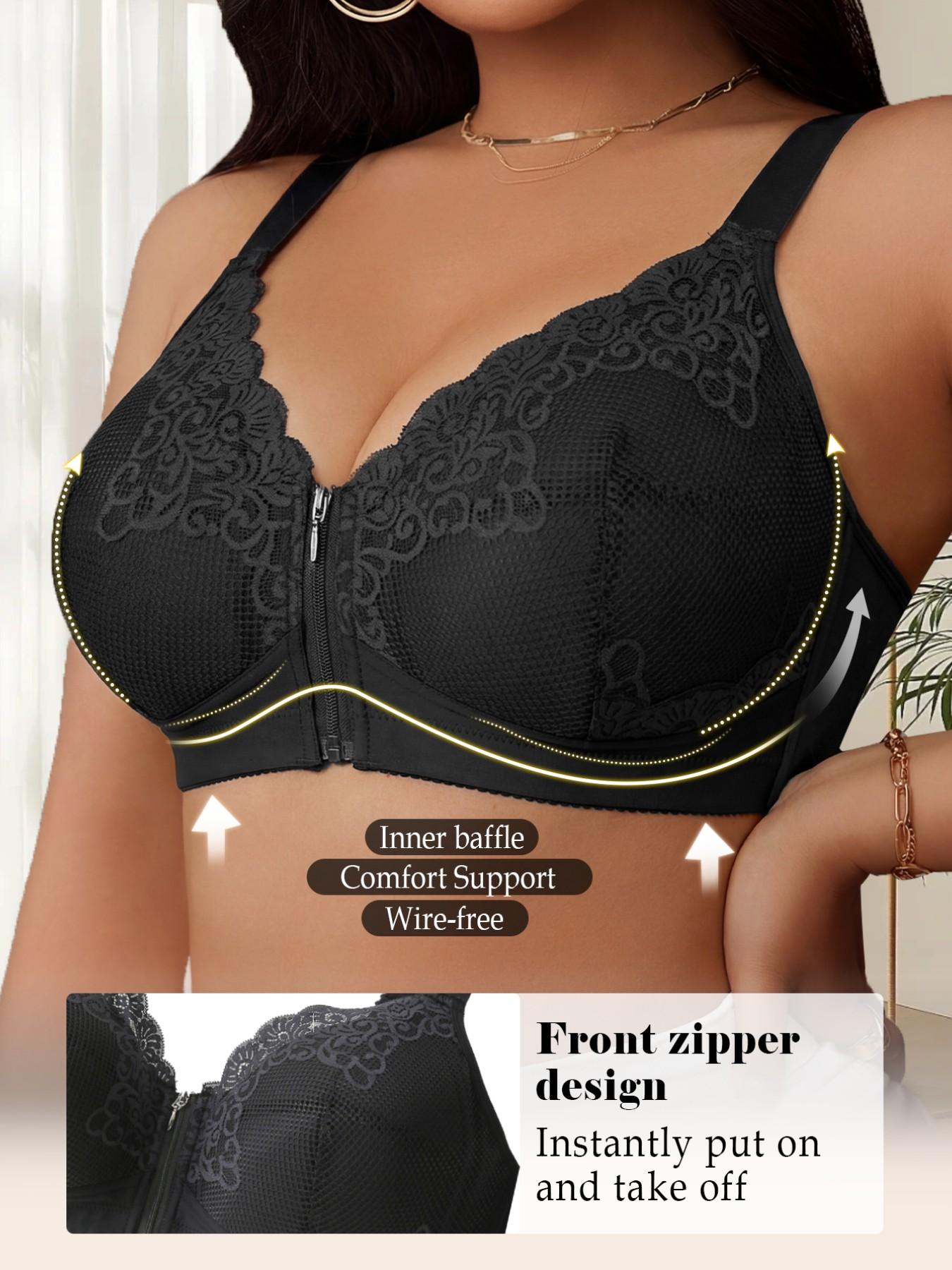 Women's Plus Size Front-Zip Wireless Push-Up Bra - Hidden Zipper, Floral, Elegant, Feminine, Chic, Wide Adjustable Straps, Comfort Breathable, Slim Shaping Silhouette | Valentine's Day Gift, Bridal & Everyday Wear