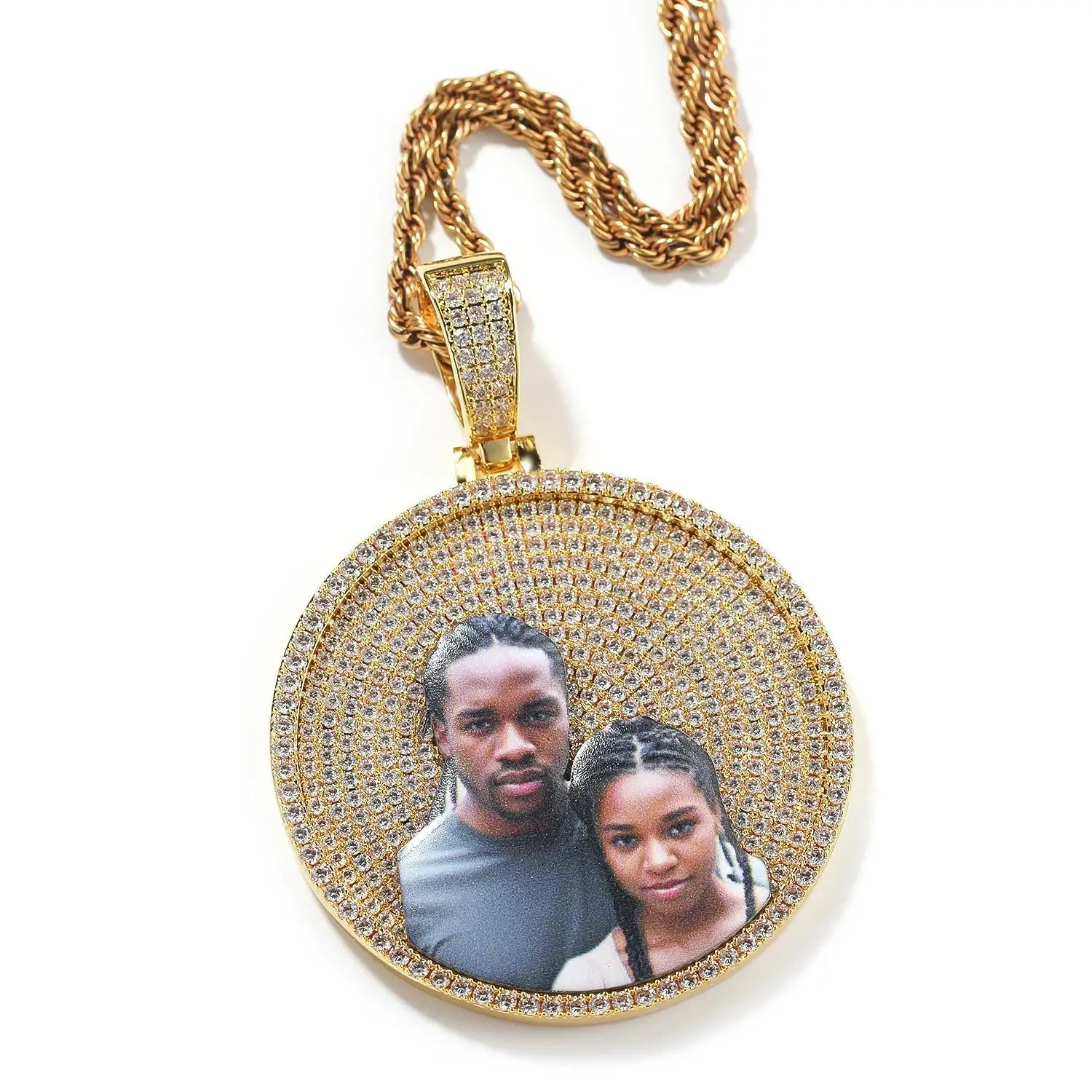 TBTK Custom Enamel Picture 3 Sizes Round Medallion Memory Photo Pendant Necklace Paved CZ Engrave Back Men Women Hiphop Jewelry