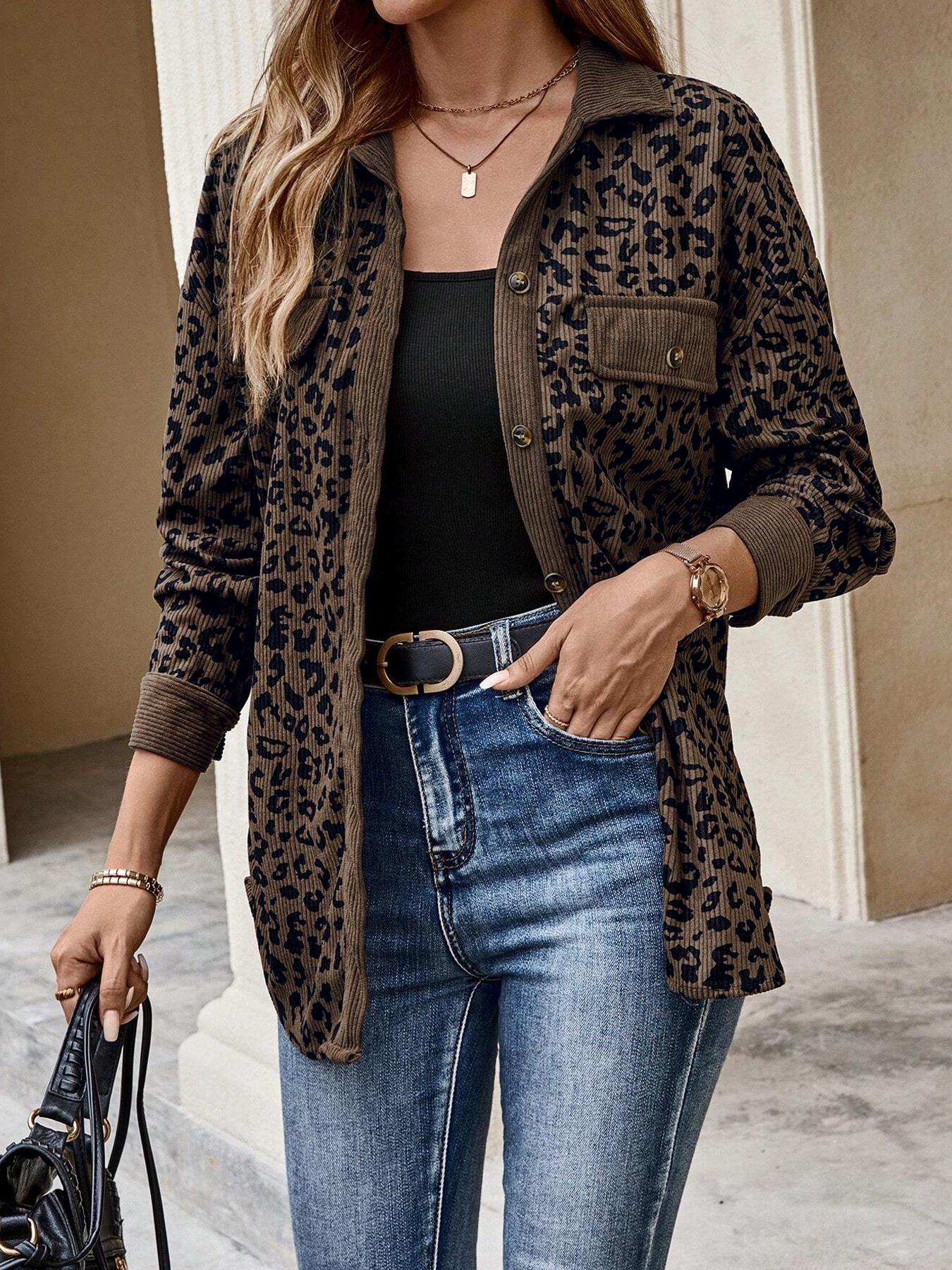 Women's Leopard Print Lapel Fitted Jacket, Vintage and Unique Style, Perfect for Daily Shopping, Coffee Dates, Casual Wear