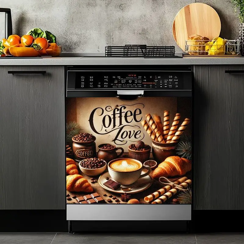 2D Flat 2Pcs Coffee Theme Dishwasher Cover Vinyl Sticker Waterproof Self-Adhesive Kitchen Appliance Decor Rustic Brown Shop Style Cafe Design Bakery Decal for Dining Room Home Decoration Removable Washable Front Panel