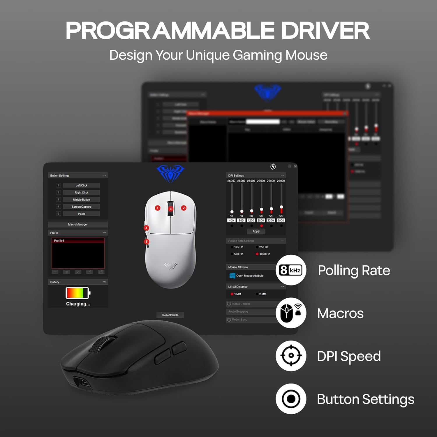Aula SC800 Wireless Gaming Mouse, 8k Polling Rate, PAW3395, Programmable Buttons, On-Board Memory, 37g Lightweight, Adjustable 26,000 , 250mAh Battery, PC/MAC/Linux