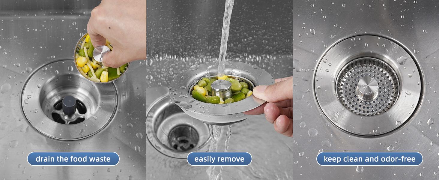 All Metal Kitchen Sink Strainer Stopper Combo - Stainless 3-in-1 Pop Up Sink Drain Strainer with Handle Rod for US Standard 3-1/2 inch Drain Filter, Anti-Clog