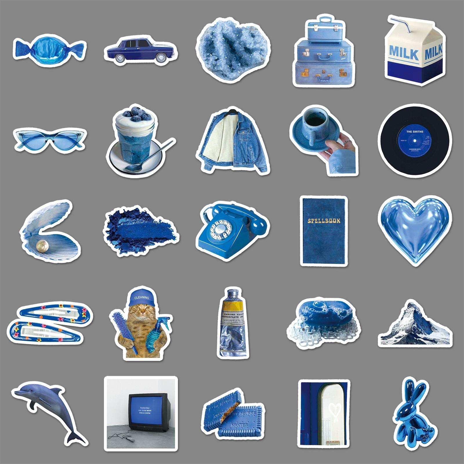 50pcs Blue Aesthetic Stickers, Y2K Blue Theme Waterproof Vinyl Decals, Cute Blue Stickers for Laptop, Water Bottle, Luggage, DIY Scrapbook, Journal