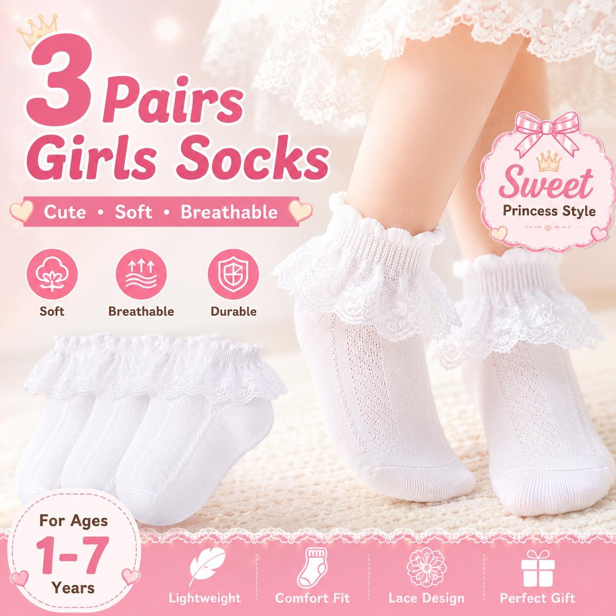 3 Pairs Cute Girls' Lace Socks, Princess Ruffle Short Socks, Soft Breathable Toddler Socks, Fashion Kids Gift for All Seasons
