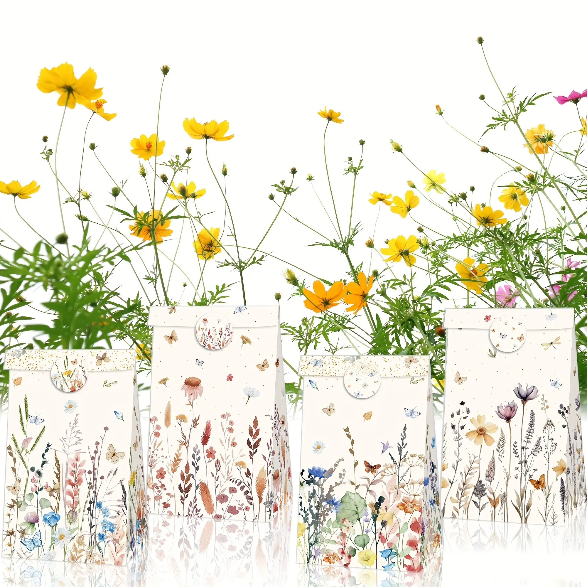 12pcs Floral Butterfly Kraft Gift Bags, Two Designs with 18 Stickers, Perfect for Festive Parties and Birthday Gifts, Reusable Paper Totes