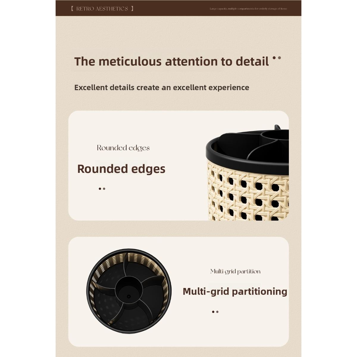 360° Rotating Pen Holder, Spacious Desktop Organizer for Students, Makeup Brush Storage Box, Independent Compartments, Vintage Style Design