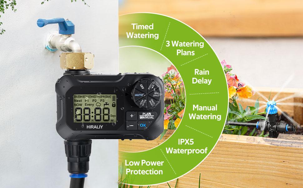 HIRALIY Automatic Drip Irrigation Kits with Water Timer, Quick Connector Garden Watering System with Easy Programmable Hose Timer, Outdoor Watering
