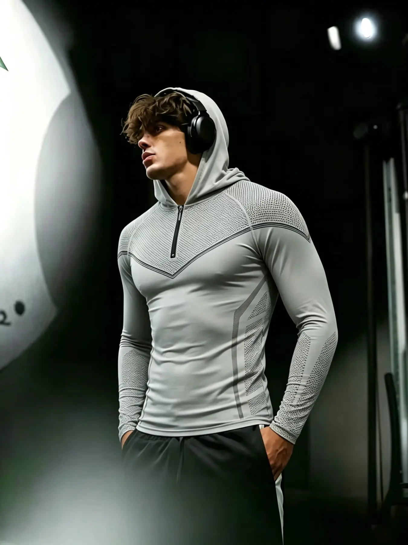 Men's Half-Zip Hooded Compression Fitness Long Sleeve, High Elastic Moisture-Wicking Mesh, Slim Fit, Ideal for Strength Training, Running, Gym, Compression Activewear
