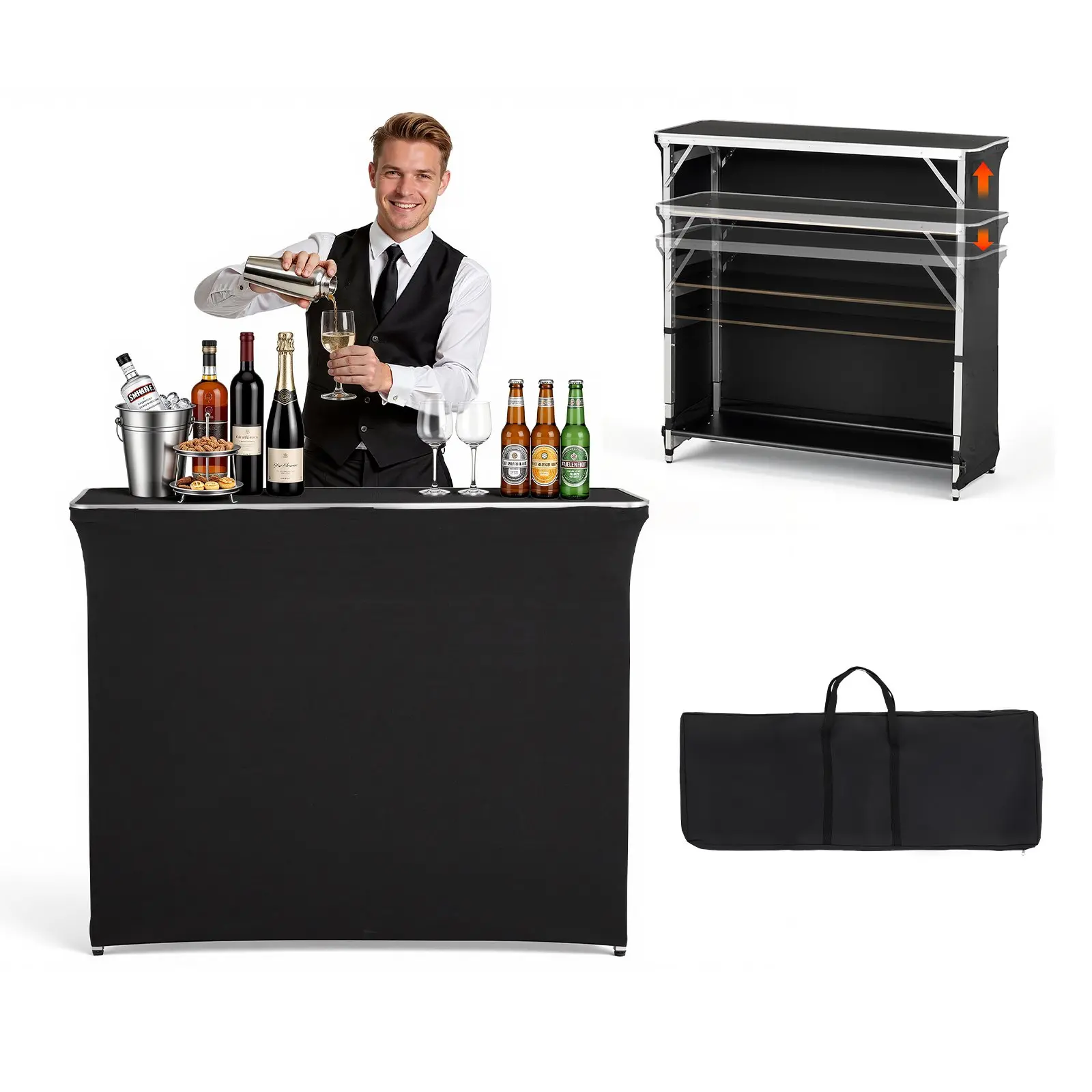 【toolupgrade】VEVOR Folding Portable Bar Table, 43.5x 15.4x 39.8 in, with Carry Bag, 2 Storage Shelves, and Detachable Skirt, Quick and Easy Setup, Foldable Mobile Bartending Station for Events, Party, Tradeshow