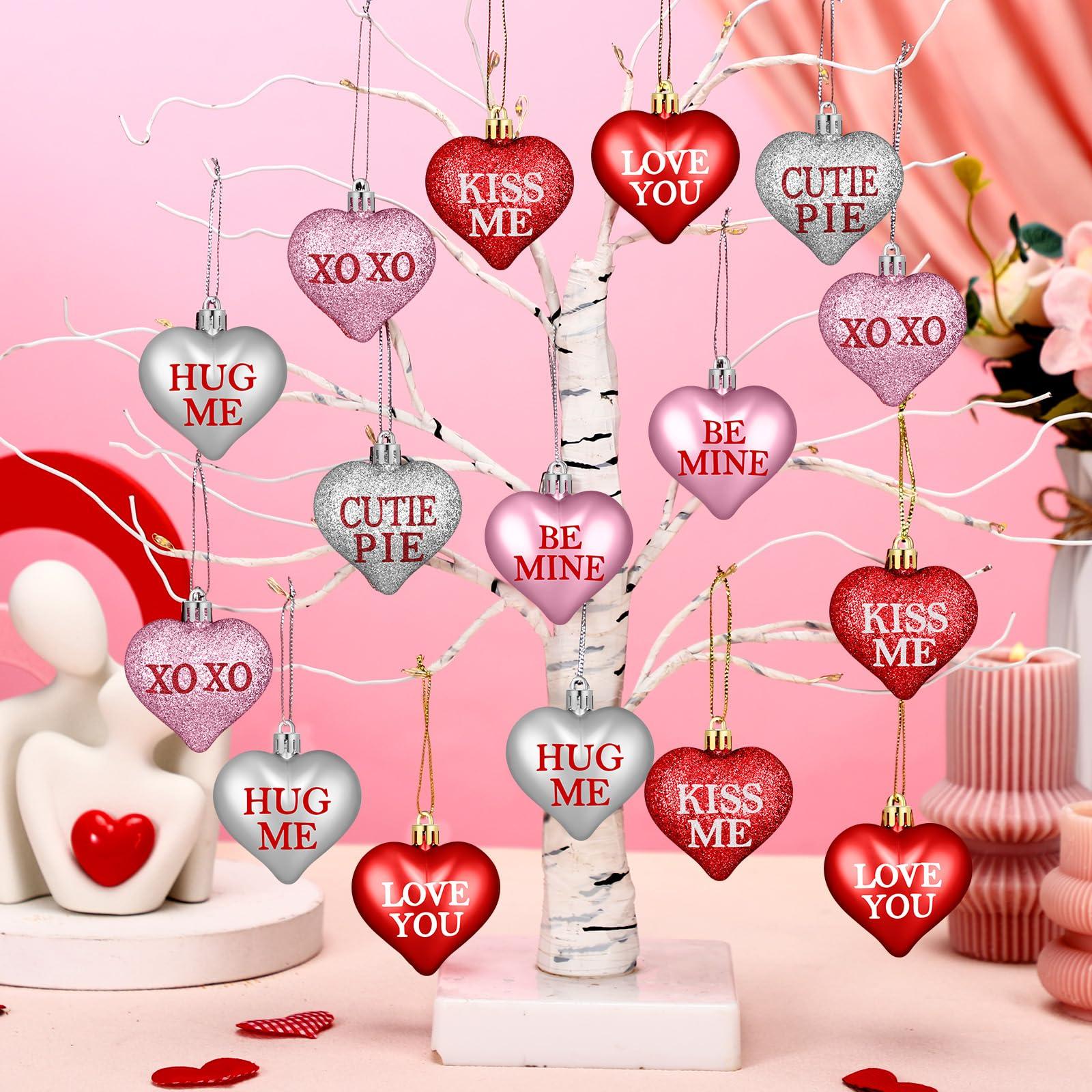60 Pcs Valentine's Day Heart Shaped Hanging Ornaments with Love Letter for Valentines Tree Birch Tree, Red Pink Silver Glitter Heart Baubles Romantic Atmosphere Valentines Decor for Tabletop Bedside Bedrooms Room Mantle Birthday Wedding Party Home Decor